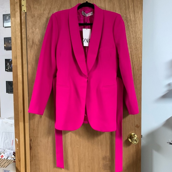 ZARA Hot Pink Belted Tuxedo Collar BLAZER! Lined Barbiecore Business Casual NWT - Picture 9 of 14
